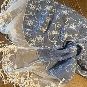 Embroidered Blue and White Floral Fringe Scarf